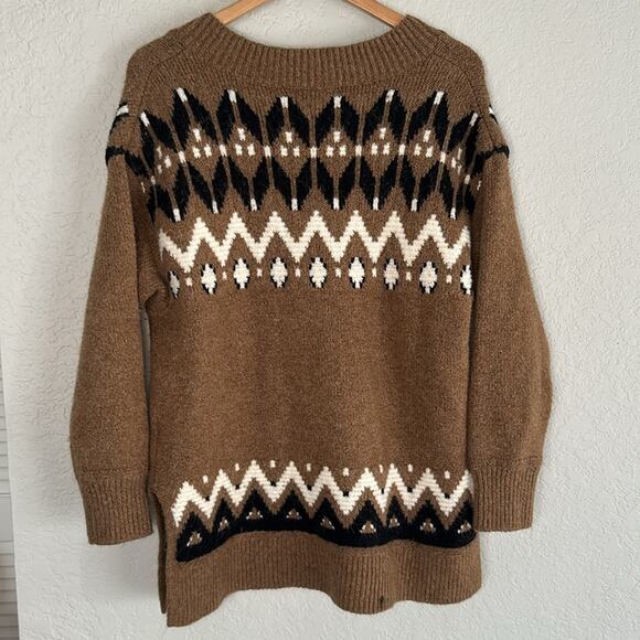 Fair Isle Slouchy Brown V Neck Tunic Sweater Oversized Small Old Navy Winter Ski - Picture 6 of 8